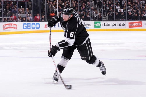 Jake Muzzin #6 of the Los Angeles Kings shoots the puck and scores