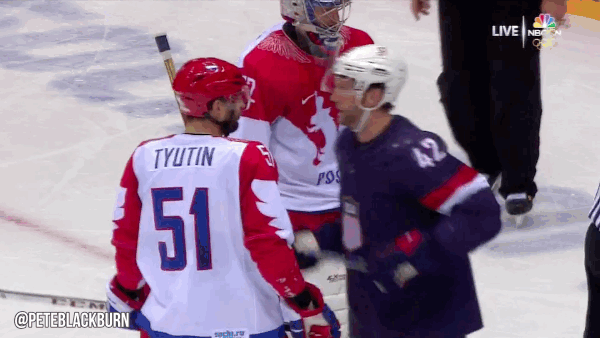 This game was a bit more chippy than most international games as USA's David Backus spars with Russia's Fyodor Tyutin. (@PeteBlackburn)