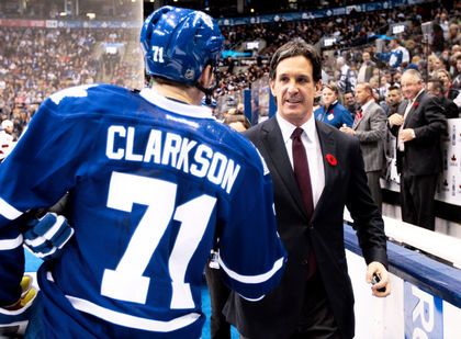 Brendan Shanahan greets Maple Leafs' forward David Clarkson before a a game in November. Shanahan is being wooed by the Leafs to join upper management, a move that would cast doubt over the future of GM Dave Nonis. (Photo by Dave Abel/Toronto Sun file)