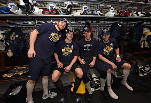 Ott, Jaskin, Stastny and Backes reppin' their new Central Division Champions t-shirts after a hard fought game against Chicago on April 9, 2015. (Scott Rovak/Getty Images)