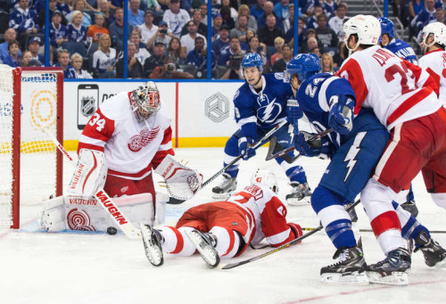 The Red Wings relied heavily on goaltender Petr Mrazek in Game One against the Lightning. (Scott Audette – NHLi via Getty Images)