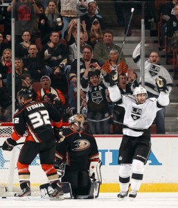  ANAHEIM, CA - FEBRUARY 2: Simon Gagne #12 of the Los Angeles Kings celebrates a goal scored against Jonas Hiller #1 of the Anaheim Ducks on February 2, 2013 at Honda Center in Anaheim, California. Photo credit: (Photo by Debora Robinson/NHLI via Getty Images) 