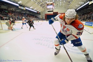  Pierre-Cedric Labrie #20 plays the puck in the corner for the Syracuse Crunch in a game against the Adirondack Phantoms. Labrie was called up to the Lightning Wednesday along with defenseman Brendan Mikkelson. Photo Source: Scott Thomas