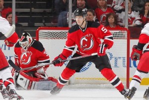  NEWARK, NJ - FEBRUARY 12: Adam Larsson #5 of the New Jersey Devils skates against the Carolina Hurricanes during the game at the Prudential Center on February 12, 2013 in Newark, New Jersey. PHOTO CREDIT: Andy Marlin/NHLI via Getty Images