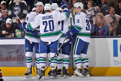  Vancouver Canucks players celebrate after their second period goal against the Columbus Blue Jackets on March 12, 2013 at Nationwide Arena in Columbus, Ohio. (Photo by Jamie Sabau/NHLI via Getty Images)