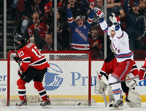 Rick Nash celebrates the eventual game-winning goal at the PrudentialCenter on Tuesday Night