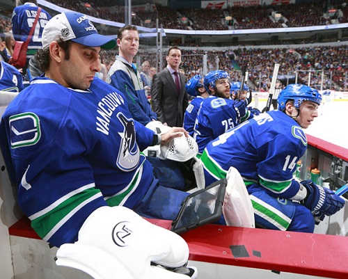 VANCOUVER, CANADA - MARCH 26:   Roberto Luongo #1 of the Vancouver Canucks checks the replay on his iPad during their NHL game against the Columbus Blue Jackets at Rogers Arena March 26, 2013 in Vancouver, British Columbia, Canada.  (Photo by Jeff Vinnick/NHLI via Getty Images)