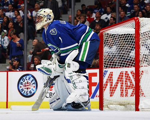 VANCOUVER, CANADA - OCTOBER 24:  Roberto Luongo #1 of the Vancouver Canucks stands in his crease during their game against the Toronto Maple Leafs at General Motors Place on October 24, 2009 in Vancouver, British Columbia, Canada.  Vancouver won 3-1. (Photo by Jeff Vinnick/NHLI via Getty Images