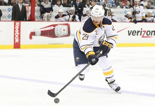 April 2, 2013; Pittsburgh, PA, USA; Buffalo Sabres right wing Jason Pominville (29) carries the puck into the offensive zone against the Pittsburgh Penguins during the first period at the CONSOL Energy Center. Mandatory Credit: Charles LeClaire-USA TODAY Sports
