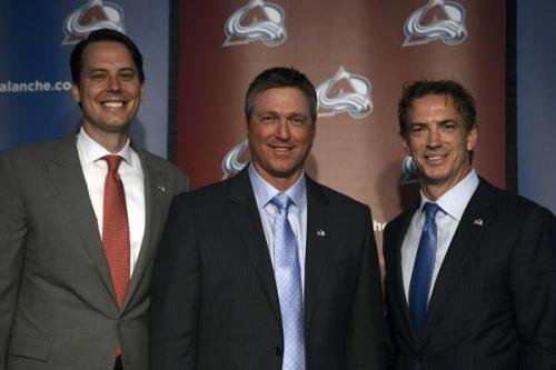 Patrick Roy, Head Coach/Vice President of Hockey Operations, Avalanche President Josh Kroenke and Executive Vice President of Hockey Operations Joe Sakic pose for a photo op after their press conference. The Colorado Avalanche announced Patrick Roy as their new head coach/vice president of hockey operations May 28, 2013 at Pepsi Center. This will make Roy the 6th head coach in Avalanche history since coming to Denver. (Photo By John Leyba/The Denver Post)