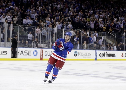 New York Rangers' Chris Kreider acknowledges the crowd after he scored the winning goal during the overtime period in Game 4 of the Eastern Conference semifinals in the NHL Stanley Cup Playoffs. Source: Associated Press/Seth Wenig