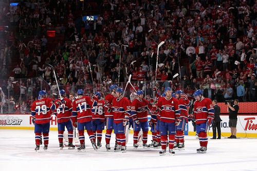  Players of the Montreal Canadiens salutes the crowd at centre ice after a 6-1 loss in Game Five of the Eastern Conference Quarterfinals during the 2013 NHL Stanley Cup Playoffs at the Bell Centre on May 9, 2013 in Montreal, Quebec, Canada. (Photo by Francois Laplante/Freestyle Photo/Getty Images)