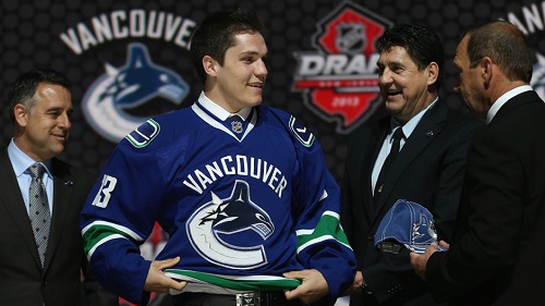 Bo Horvat, centre, after being selected number nine overall in the first round by the Vancouver Canucks during the 2013 NHL Draft. (Bruce Bennett/Getty Images)