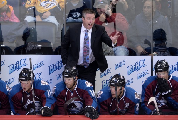 Goalie Patrick Roy of the Colorado Avalanche warms up prior to facing