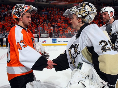 Martin Biron shakes hands with Penguins G Marc-Andre Fleury