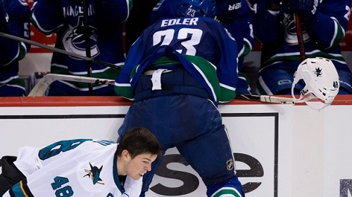 The aftermath of a hit from Alex Edler that nailed Tomas Hertl in the head.  Credit: CBC.ca