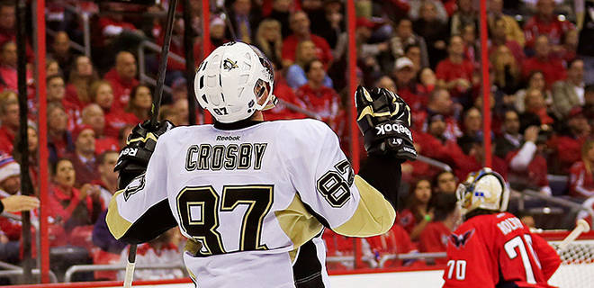  Penguins’ Sidney Crosby celebrates after scoring a power-play marker in the second period at the Verizon Center on November 20, 2013. Credit:  Associated Press