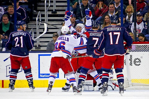 Ryan Callahan celebrates a 2nd period goal in their victory