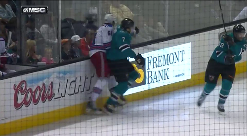 This was the hit by Sharks Defenseman Brad Stuart that has kept Rick Nash out of action since October 8th