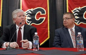 Brian Burke and Jay Feaster at the press conference announcing Burke's hiring as Director of Hockey Operations on Thursday, Sept. 5, 2013.  (Photo Credit: Jeff McIntosh/THE CANADIAN PRESS)