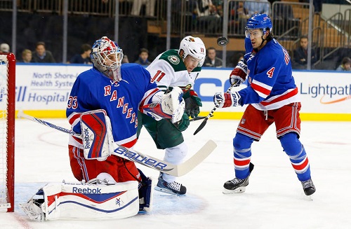Cam Talbot makes a save against the Minnesota Wild late in the Rangers nine-game homestand. (Photo by Jim McIsaac – Getty Images)