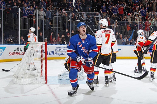 Chris Kreider’s late 3rd period goal tied the game against the Calgary Flames en route to a 4-3 shootout victory (Photo by Scott Levy/NHLi via Getty Images)