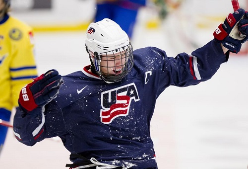 J.T. Compher celebrates one of Team USA's three goals against host country Sweden in the 2013 Five Nations Tournament. (Photo by Stefan Persson/Pic-Agency.com)