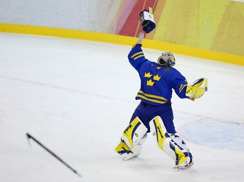 An elated Henrik Lundqvist as the Swedes won the gold medal over rival Finland in the 2006 Olympics in Turin, Italy. (Photo by Robert Laberge /Getty Images)