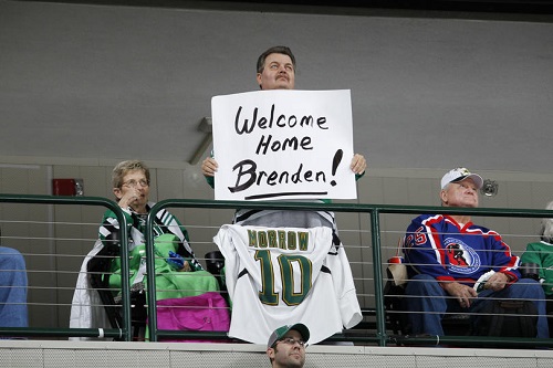 Dallas Stars fans show their support for former Star, now St. Louis Blue Brenden Morrow in his first return to the American Airlines Center. (Photo by Glenn James/NHLI via Getty Images)