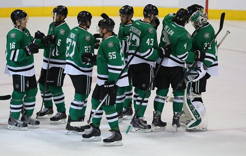 The Dallas Stars celebrate a win against the Toronto Maple Leafs. (Photo by Ronald Martinez/Getty Images)