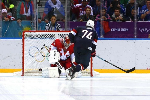 T. J. Oshie goes up against Russia in a shootout to win the game for U.S.A. Credit: Getty Images