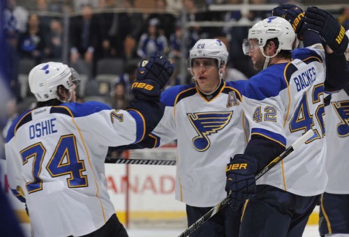 T.J. Oshie, David Backes and Alexander Steen celebrate their win over the Maple Leafs on March 25th, including a hat trick for Captain David Backes. (Photo by Graig Abel/Getty Images)