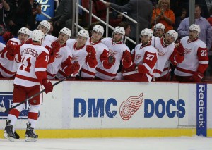 Detroit forward Daniel Alfredsson scores the first of two goals in last night's game against the Pittsburgh Penguins. (Photo by Leon Halip/Getty Images)