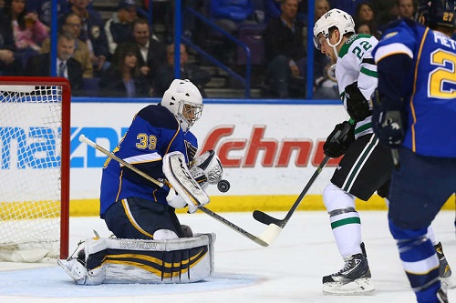New goaltender for the Blues #39 Ryan Miller makes a stellar save against the Dallas Stars, leading to overtime.  The Stars beat the Blues 3-2. (Photo by Dilip Vishwanat/Getty Images)