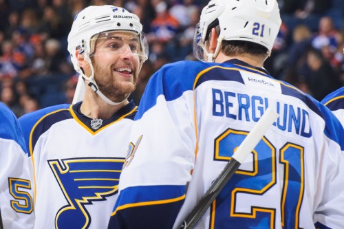 EDMONTON, AB - DECEMBER 21: Alex Pietrangelo #27 and Patrik Berglund #21 of the St Louis Blues celebrate after a goal against the Edmonton Oilers during an NHL game at Rexall Place on December 21, 2013 in Edmonton, Alberta, Canada. The Blues defeated the Oilers 6-0. (Photo by Derek Leung/Getty Images)