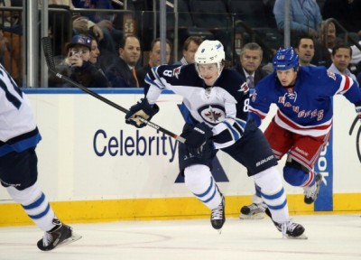 #8 of the Winnipeg Jets Jacob Trouba skating hard during a game against the New York Rangers at Madison Square Garden in New York on December 2, 2013. (Bruce Bennett/Getty Images)
