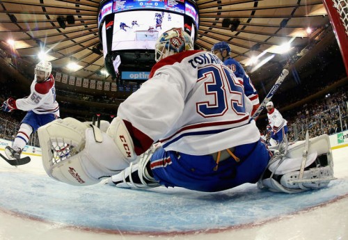 Dustin Tokarski stepped in and played really well for the Canadiens against the Rangers. But contracts and roster space could keep him off the team next year. (Photo by Photo by Bruce Bennett/Getty Images)