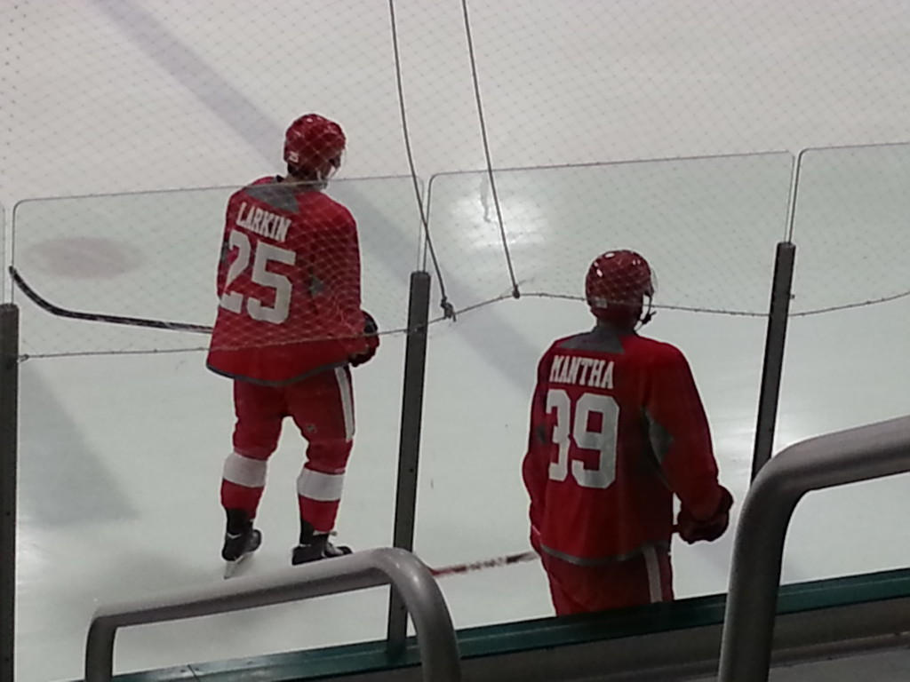 Dylan Larkin (#25) and Anthony Mantha (#39) get ready to take part in the next drill. (Photo taken by author)