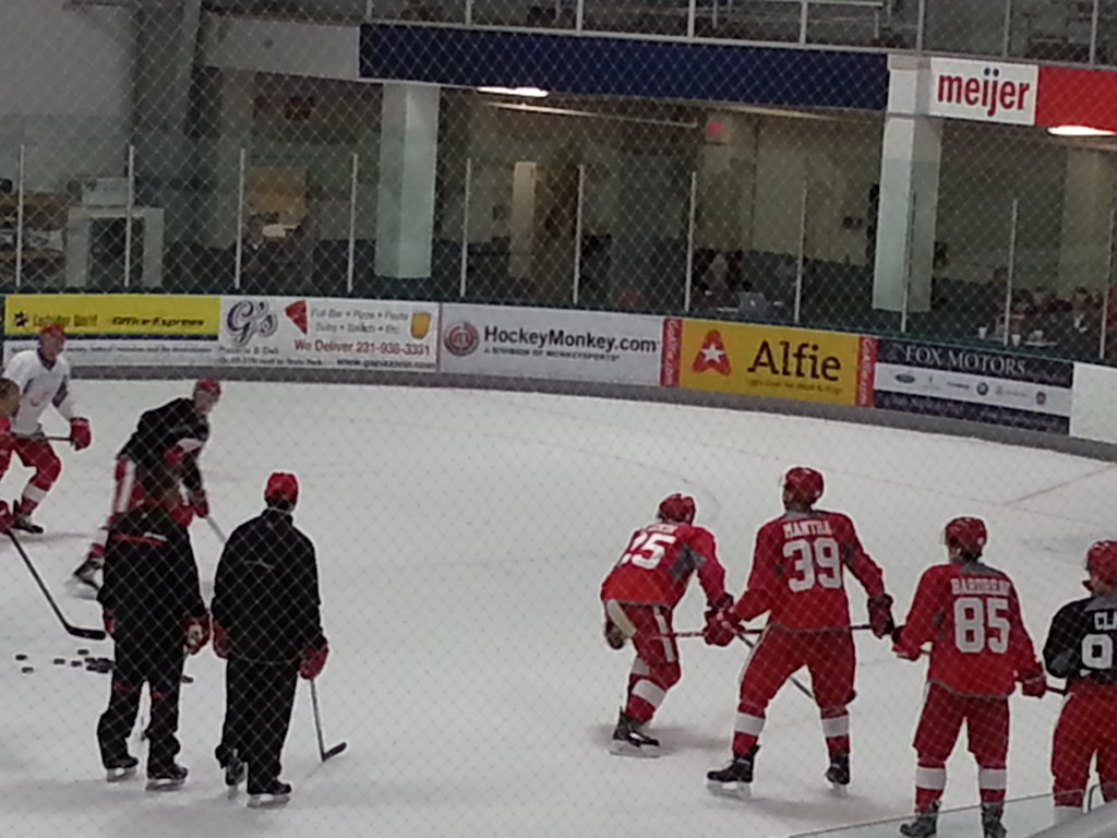 Dylan Larkin (#25) and Anthony Mantha (#39) take part in one of Jeff Blashill's drills on Sunday. (Photo taken by author)