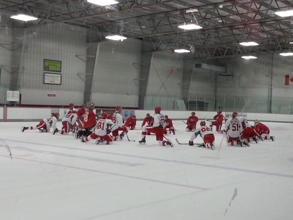Members of Team Lidstrom take their final stretch before heading off the ice. (Photo taken by author)