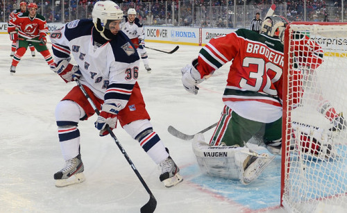 Mats Zuccarello puts one behind Martin Brodeur during the 2014 Stadium Series game at Yankee Stadium. He’ll be with the Rangers for at least one more season. (Photo by Brian Babineau – NHLi via Getty Images)