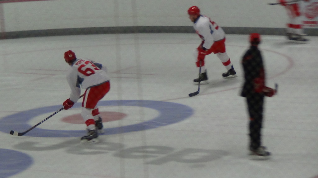 David Pope gets ready to receive a pass during a drill on Day 2 of the Red Wings Development Camp. (Photo taken by author)