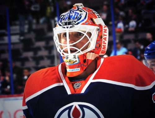 Ben Scrivens wearing one of his new masks to support mental health research.  (Credit: Edmonton Oilers)