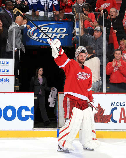 Red Wings netminder Jonas Gustavsson defeated his former team the Toronto Maple Leafs for the second time in his career. He earned a shutout and first star honors. (Dave Reginek/NHLI via Getty Images)