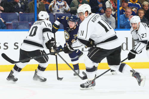 #91 Vladimir Tarasenko takes on a few Kings to score another goal, giving the rookie his first hometown hat trick. (Dilip Vishwanat/ Getty Images)