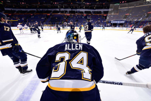Jake Allen has been a solid strength in goal while Elliott was injured.  What happens next for the three goaltenders is still up for debate. (Scott Rovak/Getty Images)