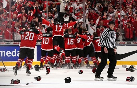 TORONTO, CANADA - JANUARY 5: Canadian players celebrate after a 5-4 gold medal game win over Russia at the 2015 IIHF World Junior Championship. (Photo by Andre Ringuette/HHOF-IIHF Images)