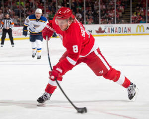 Detroit's Justin Abdelkader records one of his team-high seven shots in a game against the St. Louis Blues on Sunday, March 22, 2015. (Photo by Dave Reginek/NHLI via Getty Images)