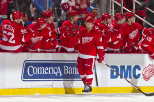 Detroit forward Luke Glendening is congratulated by his teammates on the bench after he scored the first goal of the game in a 3-2 loss to the Boston Bruins on April 2, 2015. (Photo by Dave Reginek/NHLI via Getty Images)