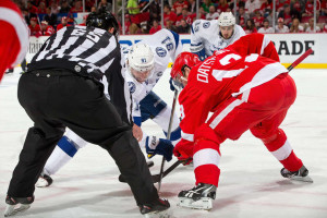 Pavel Datsyuk and Steven Stamkos face-off during Game 6 of the Eastern Conference Quarterfinals on Monday, April 27, 2015. (Photo by Dave Reginek/NHLI via Getty Images)